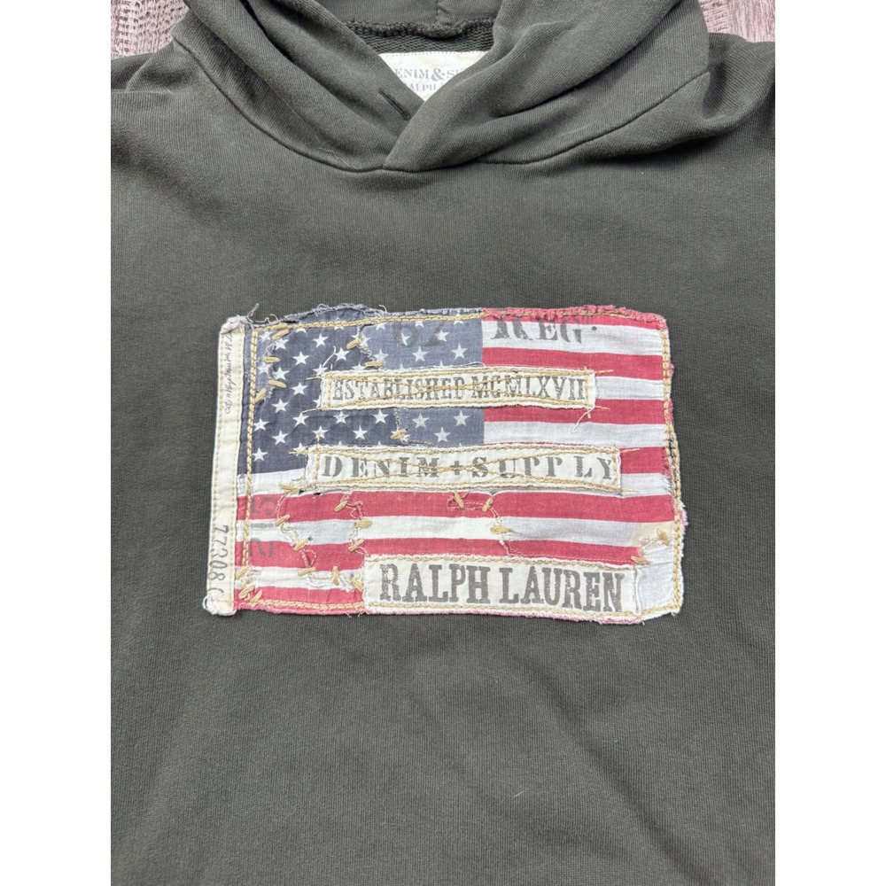Denim & Supply Ralph Lauren American Flag Patch Hoodie Olive Green Mens XL - Picture 2 of 7
